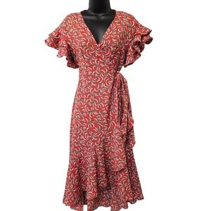 NWT Max Studio Red Floral Ruffle Wrap Dress High Low V-Neck  Womens XS